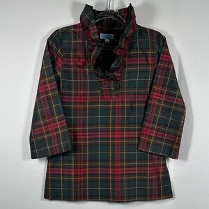 Devon Baer Silk Plaid Tunic Top 3/4 Sleeve Ruffle Neck Preppy Size M